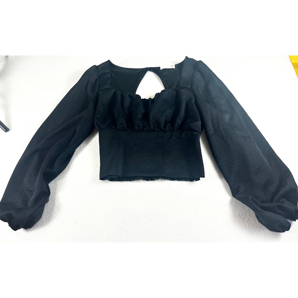 Lush Womens Black Satin‎ Ruched Sweetheart Crop Top Long Sleeve Cutout Back M